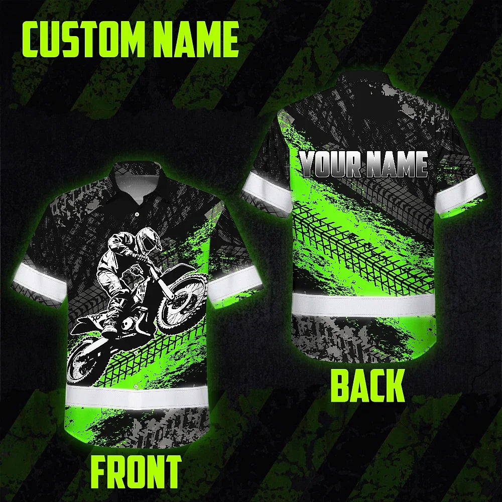 Hi Vis Hawaiian Shirt Reflective Tapes Green Neon Motobike Custom Name Safety Workwear For Bikers, Workers, Truckers, Operators
