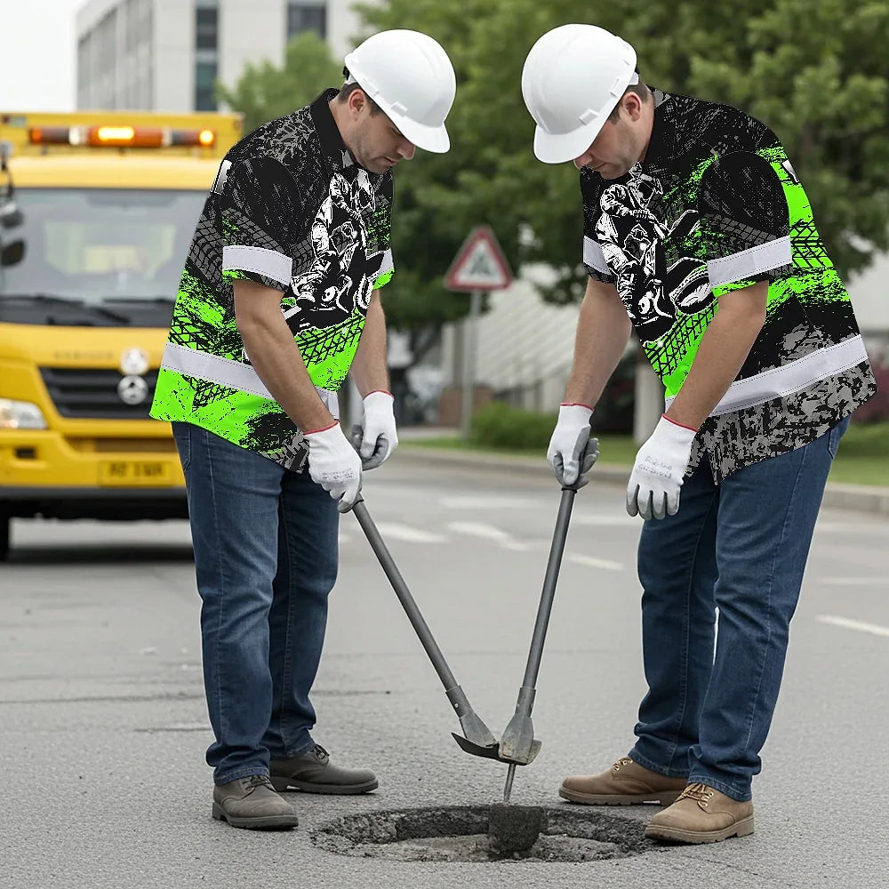 Hi Vis Hawaiian Shirt Reflective Tapes Green Neon Motobike Custom Name Safety Workwear For Bikers, Workers, Truckers, Operators