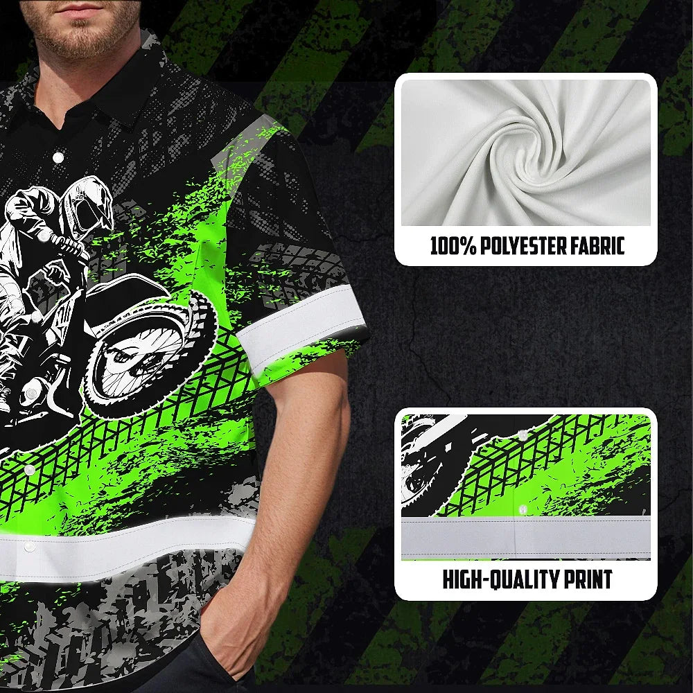 Hi Vis Hawaiian Shirt Reflective Tapes Green Neon Motobike Custom Name Safety Workwear For Bikers, Workers, Truckers, Operators