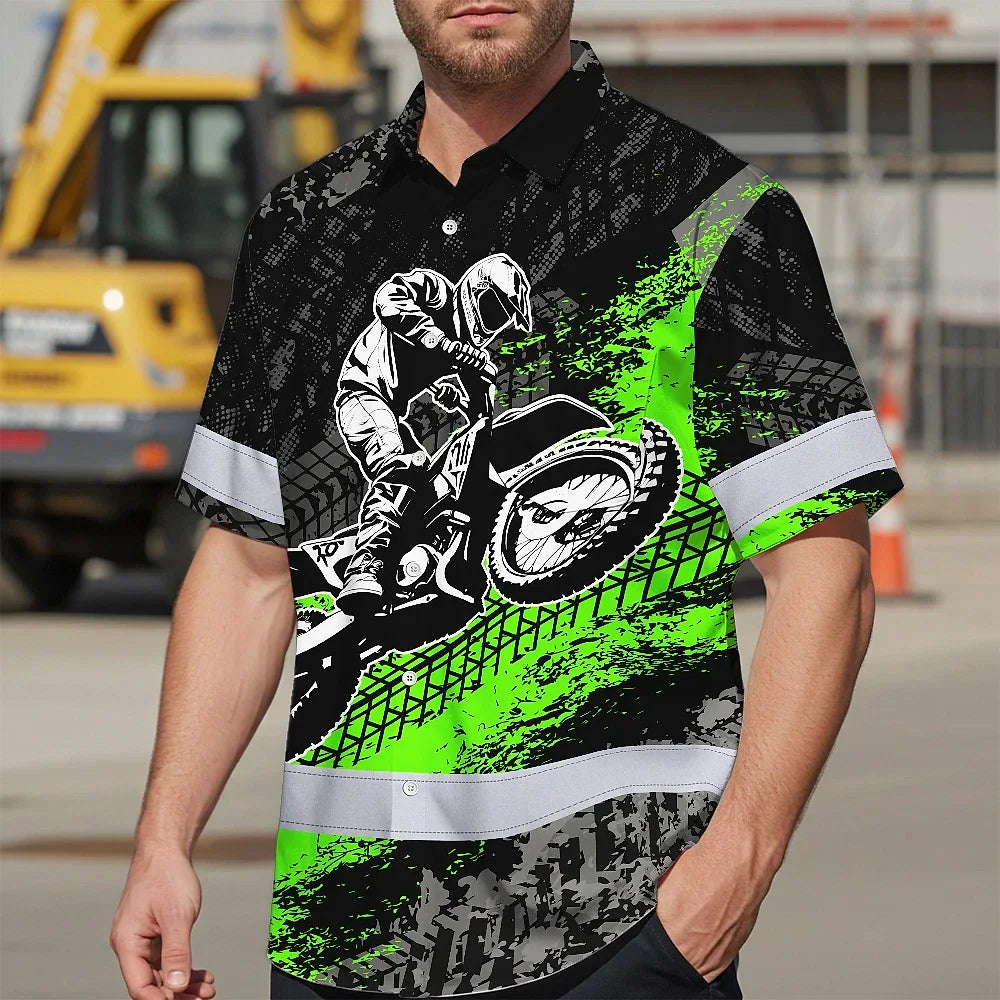 Hi Vis Hawaiian Shirt Reflective Tapes Green Neon Motobike Custom Name Safety Workwear For Bikers, Workers, Truckers, Operators