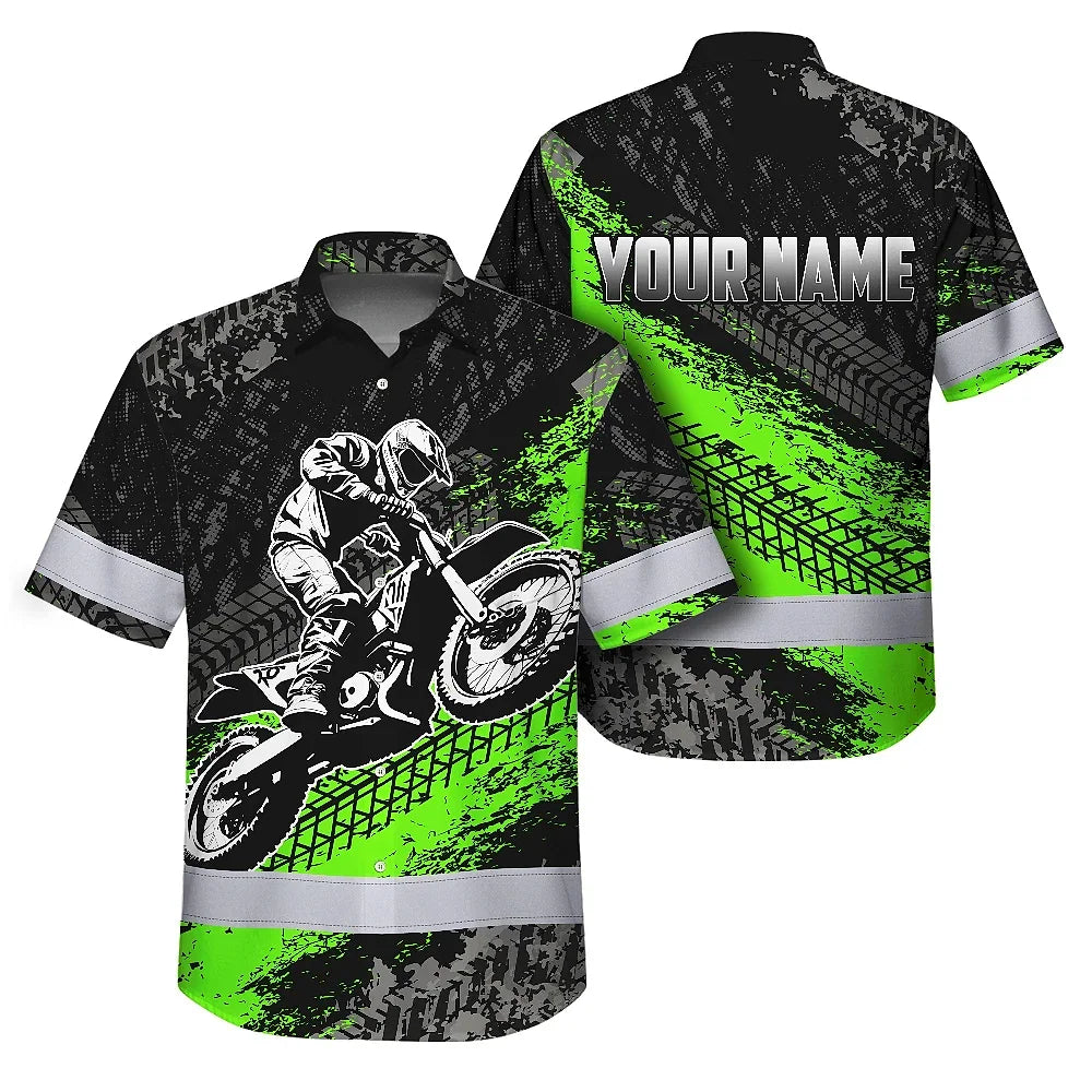 Hi Vis Hawaiian Shirt Reflective Tapes Green Neon Motobike Custom Name Safety Workwear For Bikers, Workers, Truckers, Operators