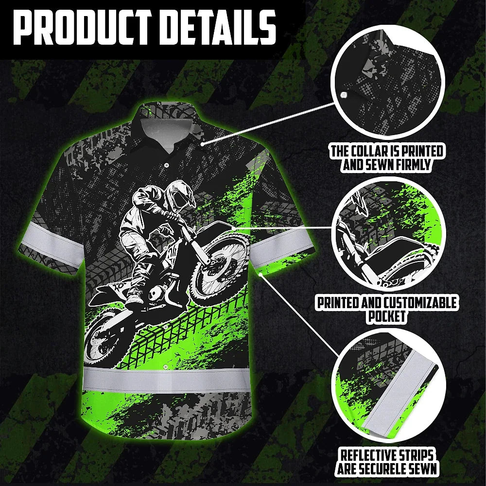Hi Vis Hawaiian Shirt Reflective Tapes Green Neon Motobike Custom Name Safety Workwear For Bikers, Workers, Truckers, Operators