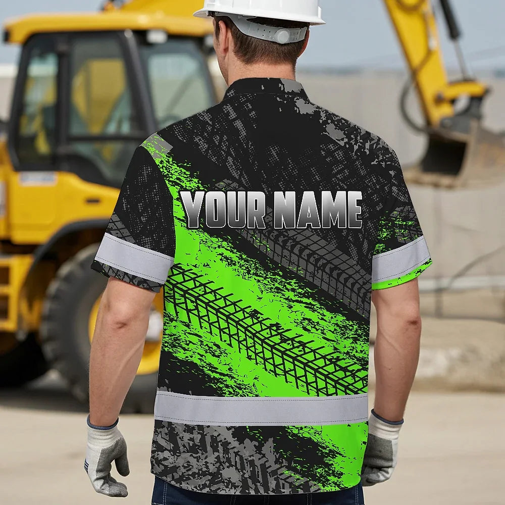 Hi Vis Hawaiian Shirt Reflective Tapes Green Neon Motobike Custom Name Safety Workwear For Bikers, Workers, Truckers, Operators