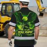 Hi Vis Hawaiian Shirt Reflective Tapes Green Neon Motobike Eagle Custom Name Safety Workwear For Workers, Truckers, Operators
