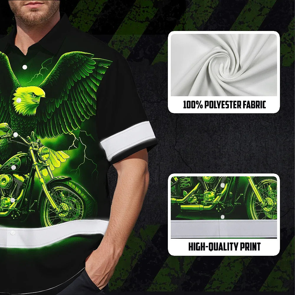Hi Vis Hawaiian Shirt Reflective Tapes Green Neon Motobike Eagle Custom Name Safety Workwear For Workers, Truckers, Operators