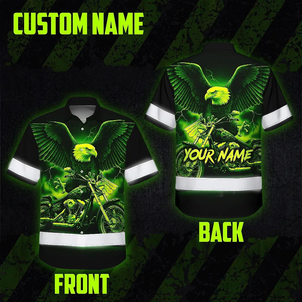 Hi Vis Hawaiian Shirt Reflective Tapes Green Neon Motobike Eagle Custom Name Safety Workwear For Workers, Truckers, Operators
