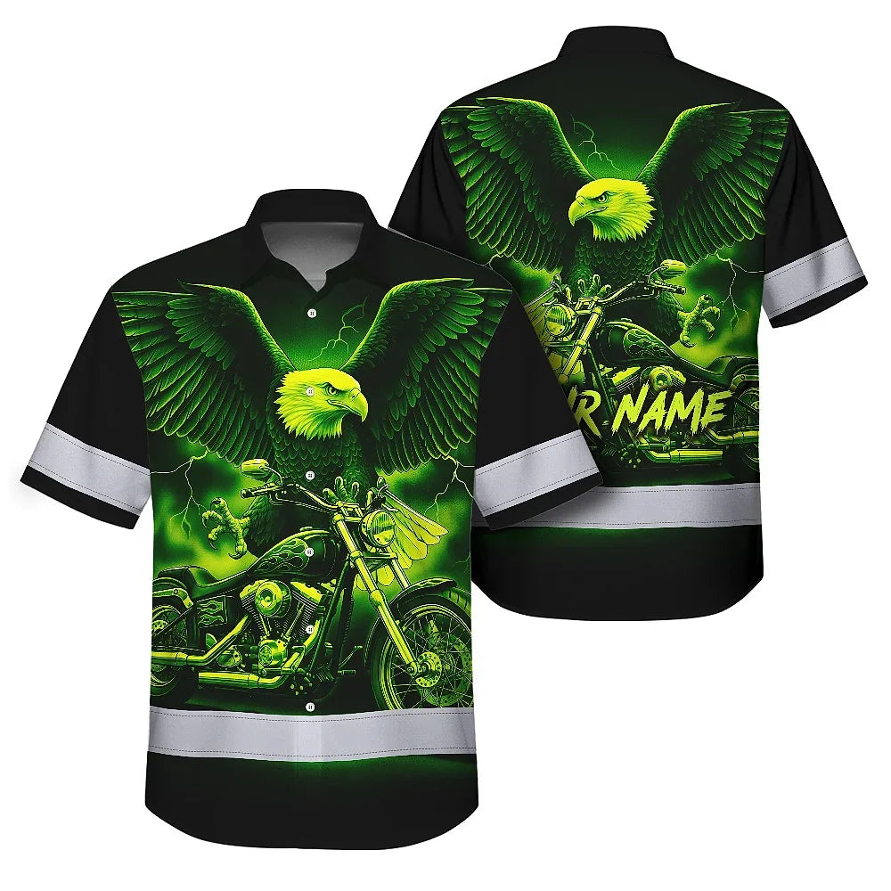 Hi Vis Hawaiian Shirt Reflective Tapes Green Neon Motobike Eagle Custom Name Safety Workwear For Workers, Truckers, Operators