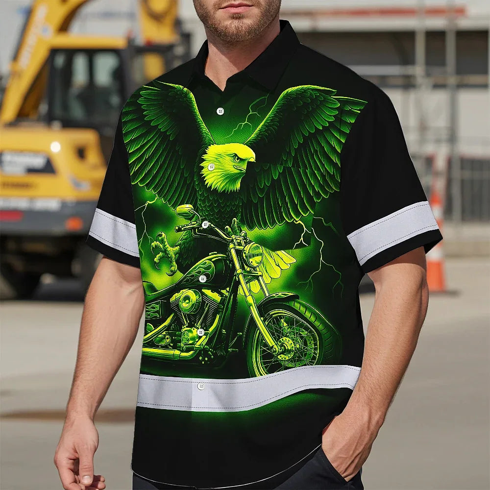Hi Vis Hawaiian Shirt Reflective Tapes Green Neon Motobike Eagle Custom Name Safety Workwear For Workers, Truckers, Operators