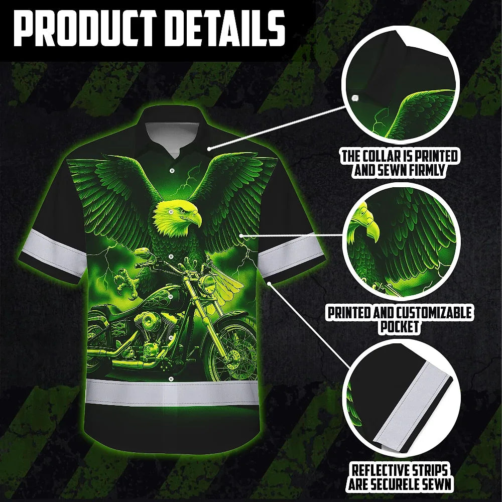 Hi Vis Hawaiian Shirt Reflective Tapes Green Neon Motobike Eagle Custom Name Safety Workwear For Workers, Truckers, Operators