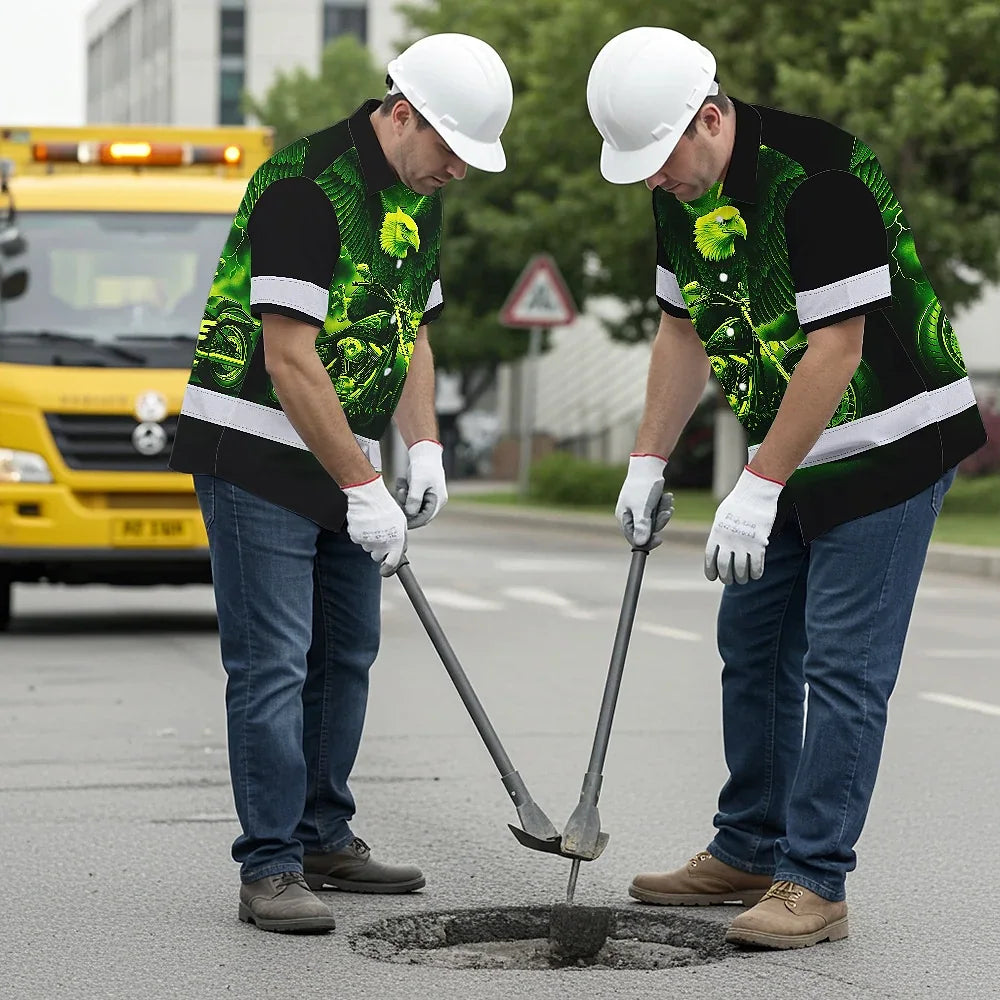Hi Vis Hawaiian Shirt Reflective Tapes Green Neon Motobike Eagle Custom Name Safety Workwear For Workers, Truckers, Operators