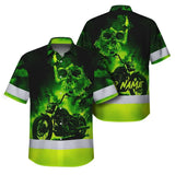 Hi Vis Hawaiian Shirt Reflective Tapes Green Neon Motobike Skull Custom Name Safety Workwear For Workers, Truckers, Operators