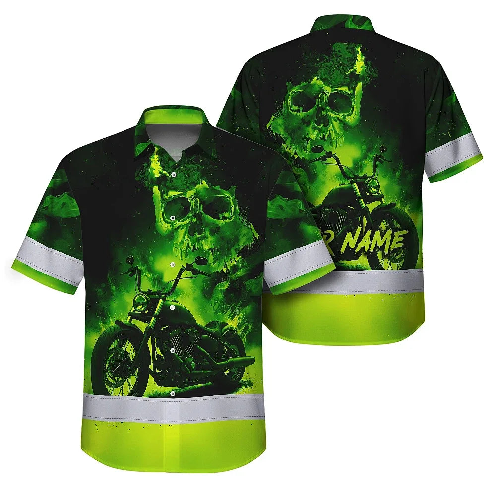 Hi Vis Hawaiian Shirt Reflective Tapes Green Neon Motobike Skull Custom Name Safety Workwear For Workers, Truckers, Operators