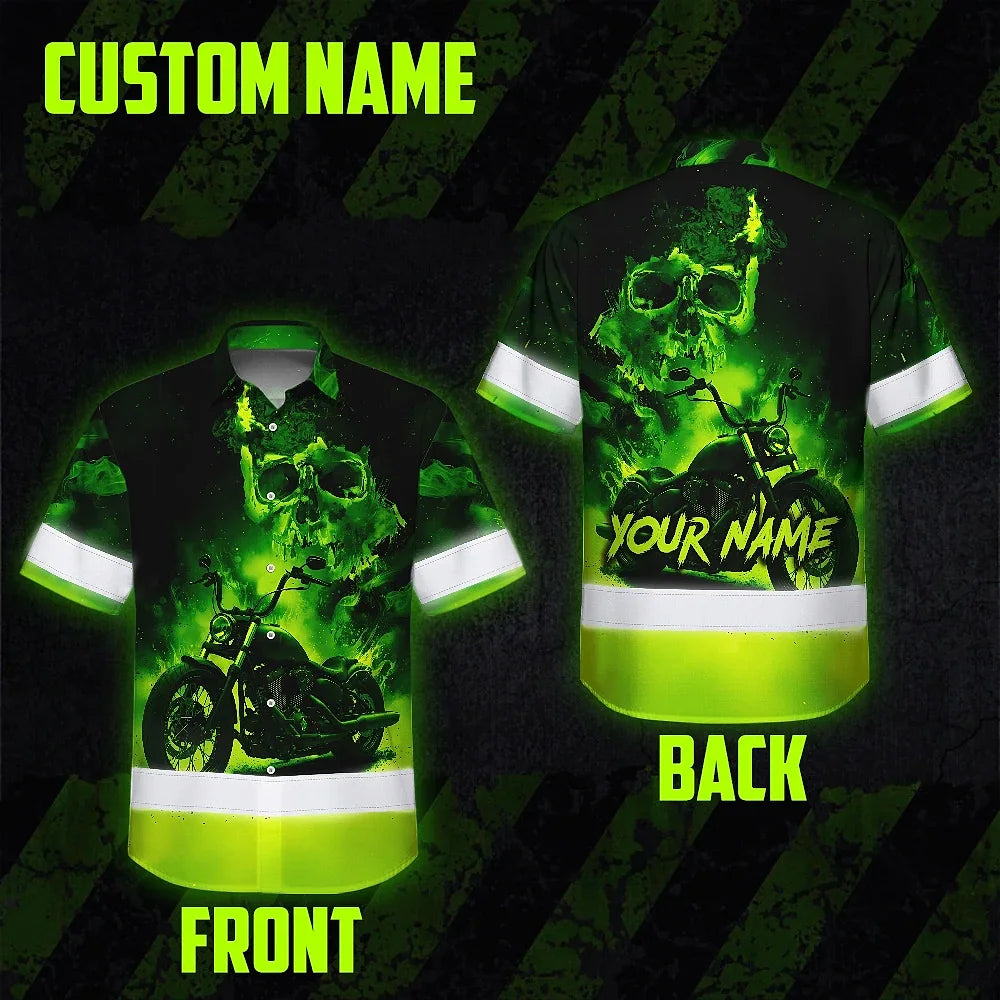 Hi Vis Hawaiian Shirt Reflective Tapes Green Neon Motobike Skull Custom Name Safety Workwear For Workers, Truckers, Operators