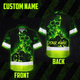 Hi Vis Hawaiian Shirt Reflective Tapes Green Neon Motobike Skull Custom Name Safety Workwear For Workers, Truckers, Operators