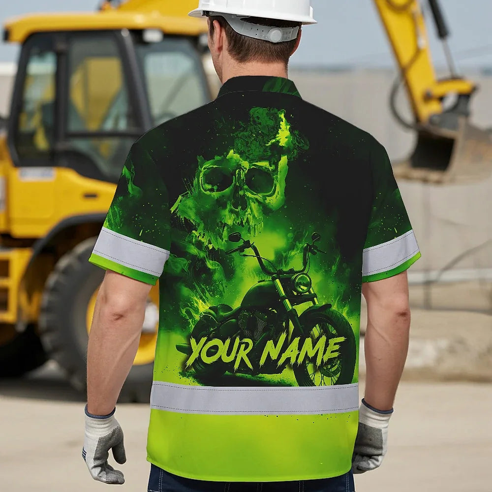 Hi Vis Hawaiian Shirt Reflective Tapes Green Neon Motobike Skull Custom Name Safety Workwear For Workers, Truckers, Operators