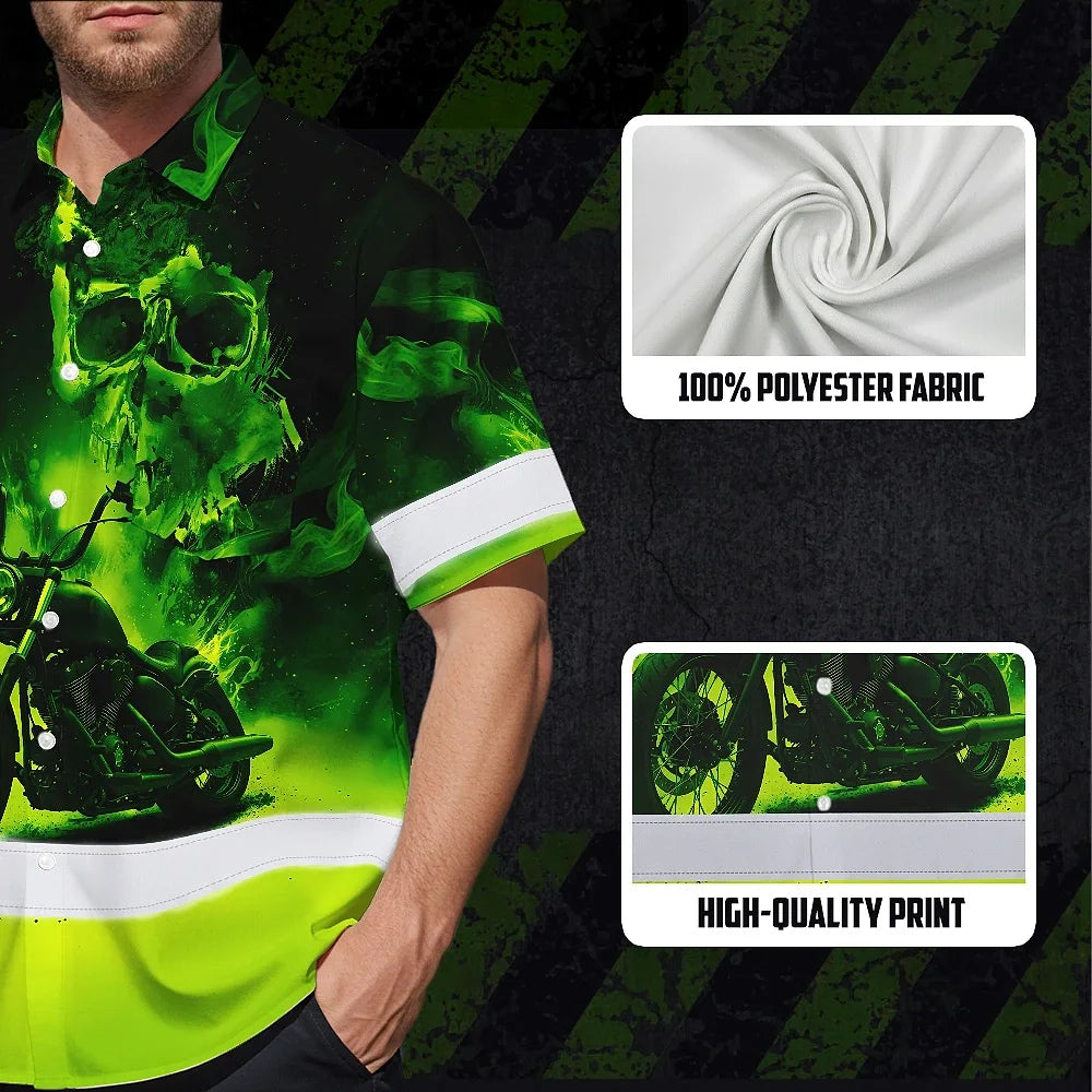 Hi Vis Hawaiian Shirt Reflective Tapes Green Neon Motobike Skull Custom Name Safety Workwear For Workers, Truckers, Operators