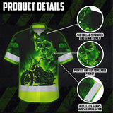 Hi Vis Hawaiian Shirt Reflective Tapes Green Neon Motobike Skull Custom Name Safety Workwear For Workers, Truckers, Operators