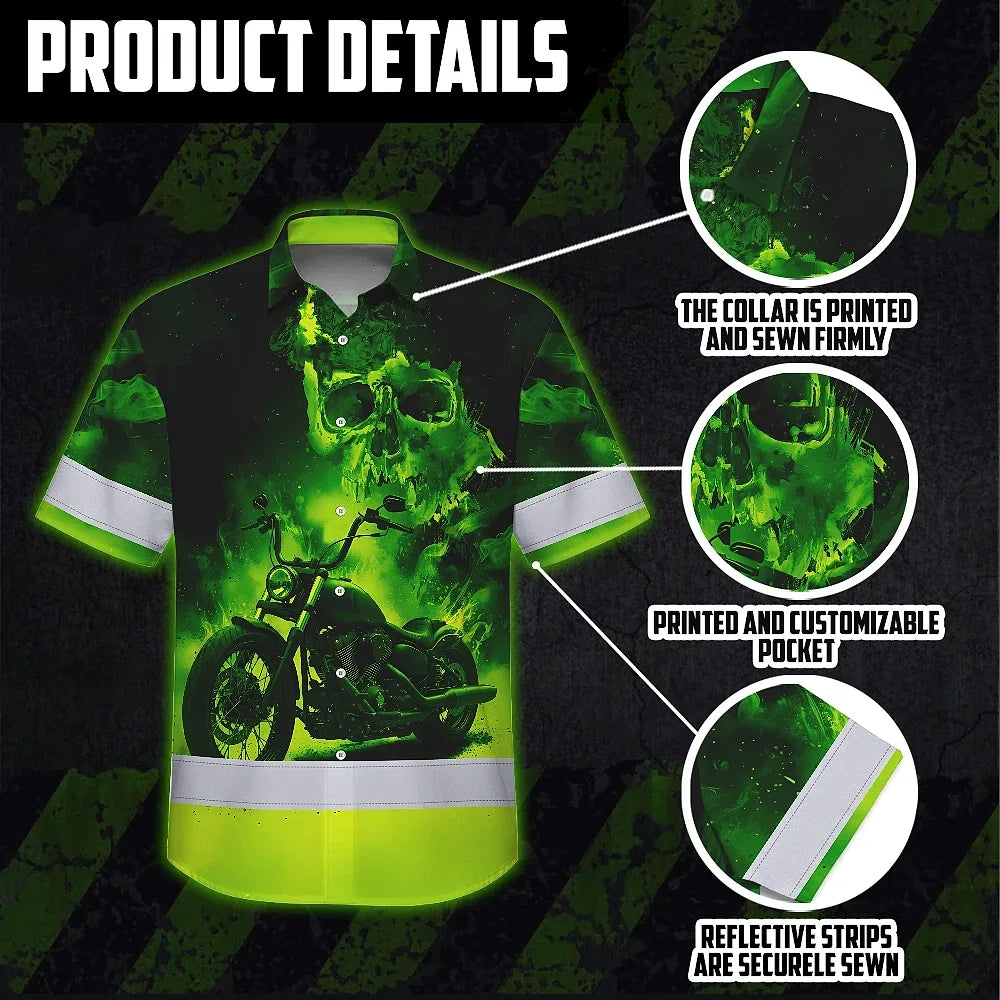 Hi Vis Hawaiian Shirt Reflective Tapes Green Neon Motobike Skull Custom Name Safety Workwear For Workers, Truckers, Operators
