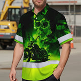 Hi Vis Hawaiian Shirt Reflective Tapes Green Neon Motobike Skull Custom Name Safety Workwear For Workers, Truckers, Operators
