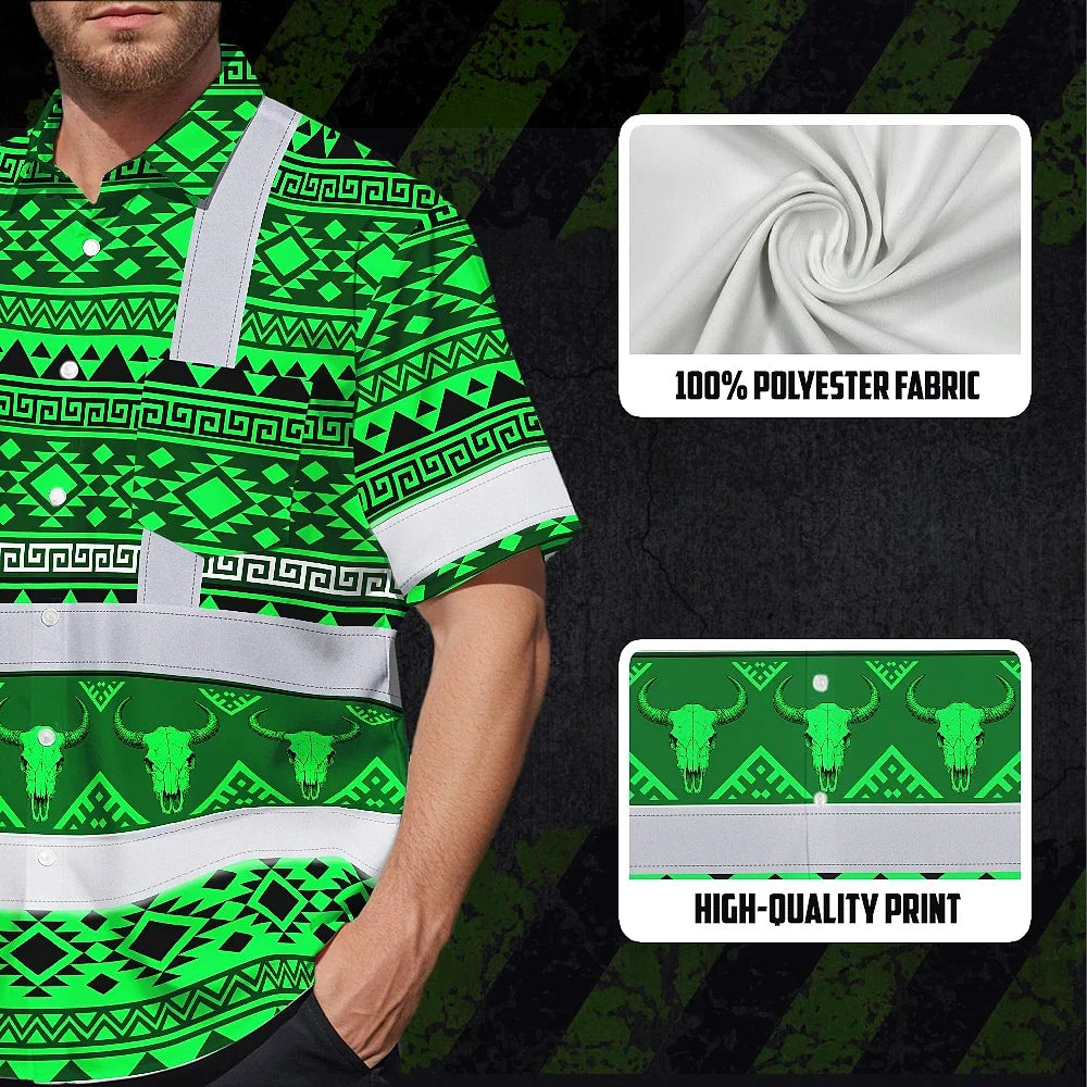 Hi Vis Hawaiian Shirt Reflective Tapes Green Neon Native Custom Name Safety Workwear For Workers, Truckers, Operators