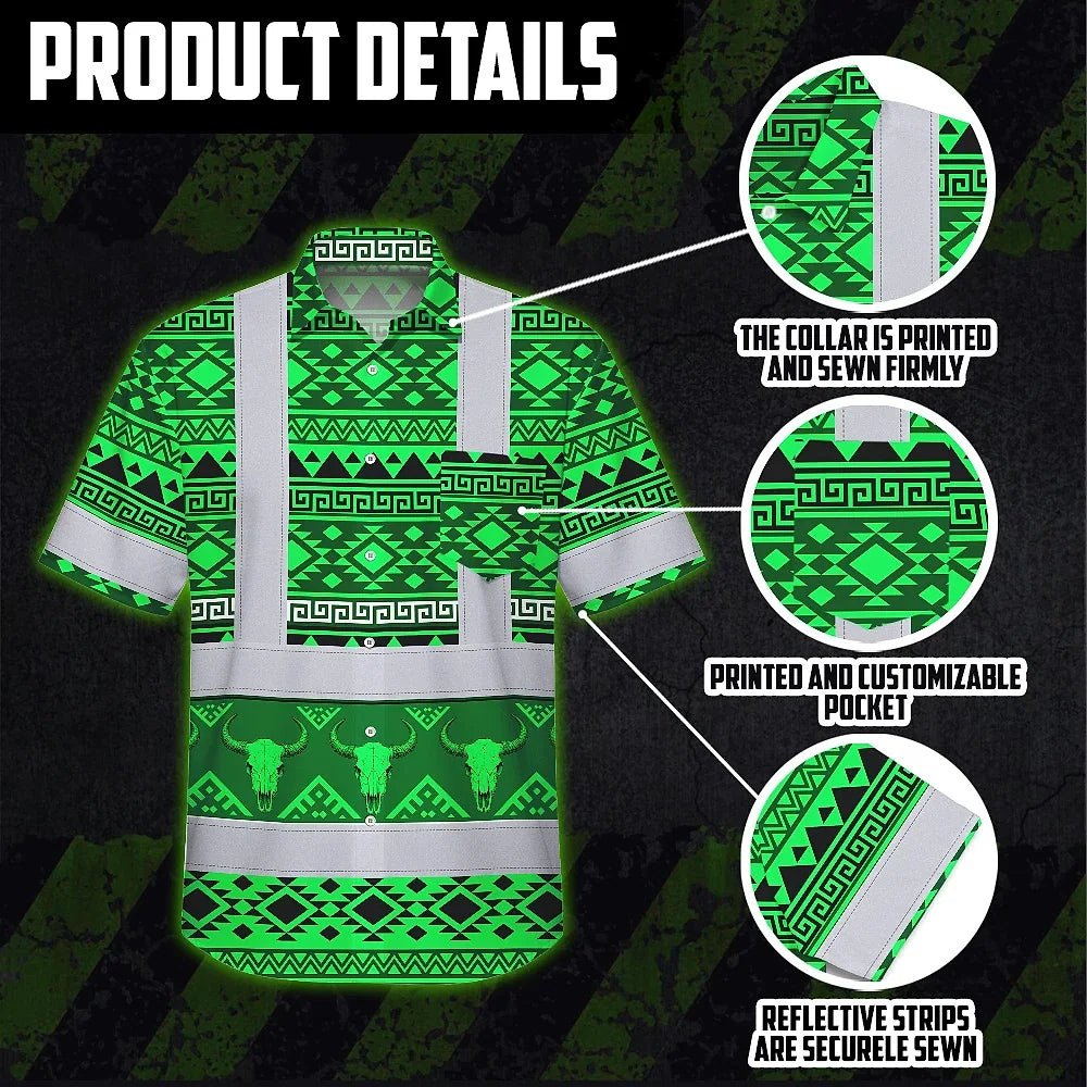 Hi Vis Hawaiian Shirt Reflective Tapes Green Neon Native Custom Name Safety Workwear For Workers, Truckers, Operators