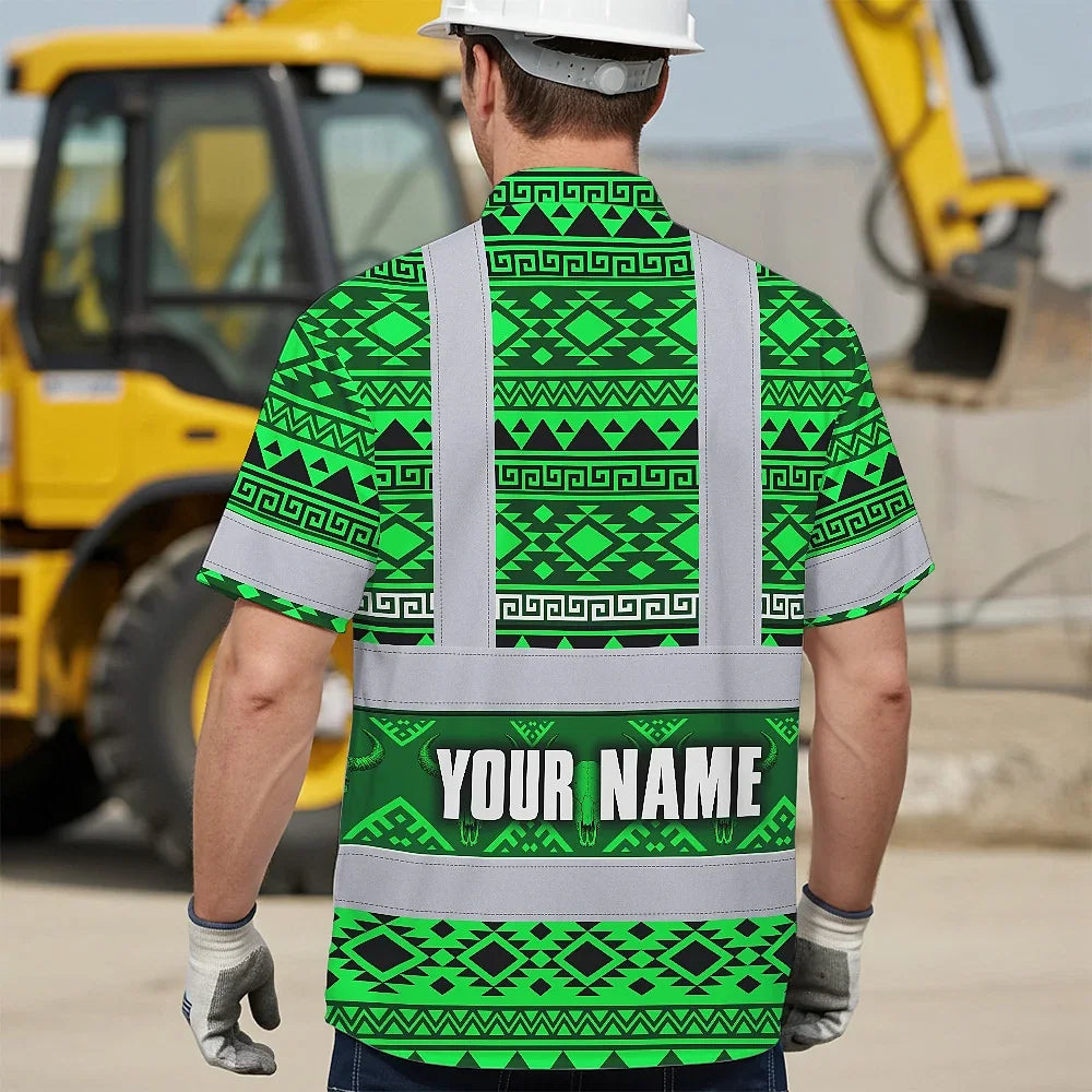 Hi Vis Hawaiian Shirt Reflective Tapes Green Neon Native Custom Name Safety Workwear For Workers, Truckers, Operators