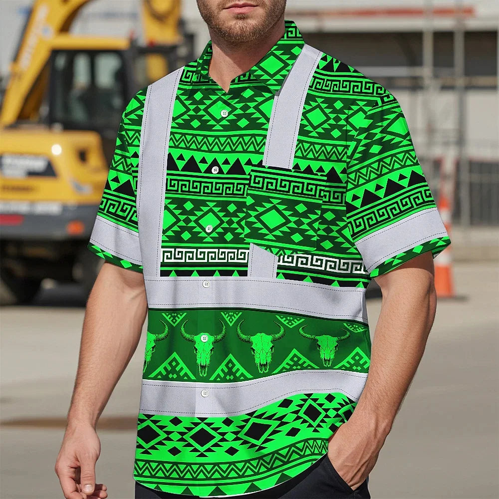 Hi Vis Hawaiian Shirt Reflective Tapes Green Neon Native Custom Name Safety Workwear For Workers, Truckers, Operators