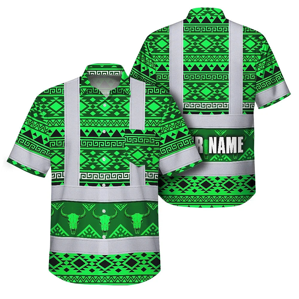 Hi Vis Hawaiian Shirt Reflective Tapes Green Neon Native Custom Name Safety Workwear For Workers, Truckers, Operators