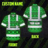 Hi Vis Hawaiian Shirt Reflective Tapes Green Neon Native Custom Name Safety Workwear For Workers, Truckers, Operators