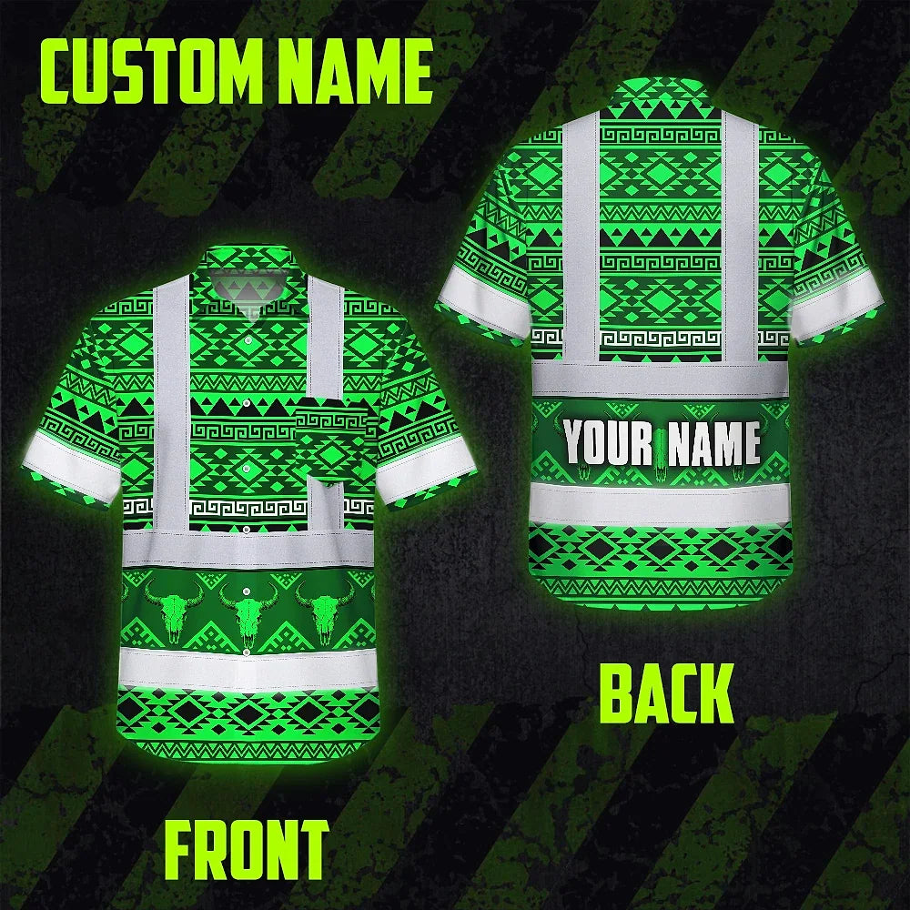 Hi Vis Hawaiian Shirt Reflective Tapes Green Neon Native Custom Name Safety Workwear For Workers, Truckers, Operators