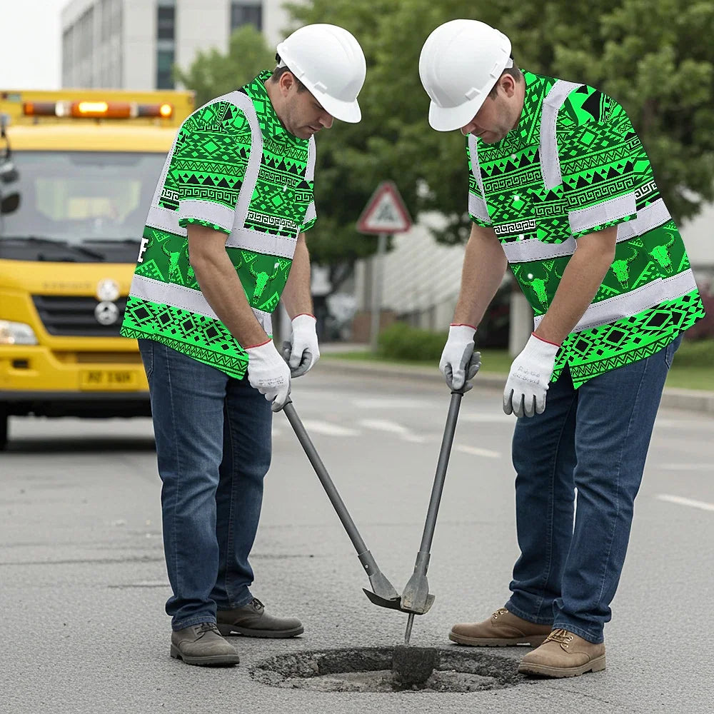 Hi Vis Hawaiian Shirt Reflective Tapes Green Neon Native Custom Name Safety Workwear For Workers, Truckers, Operators