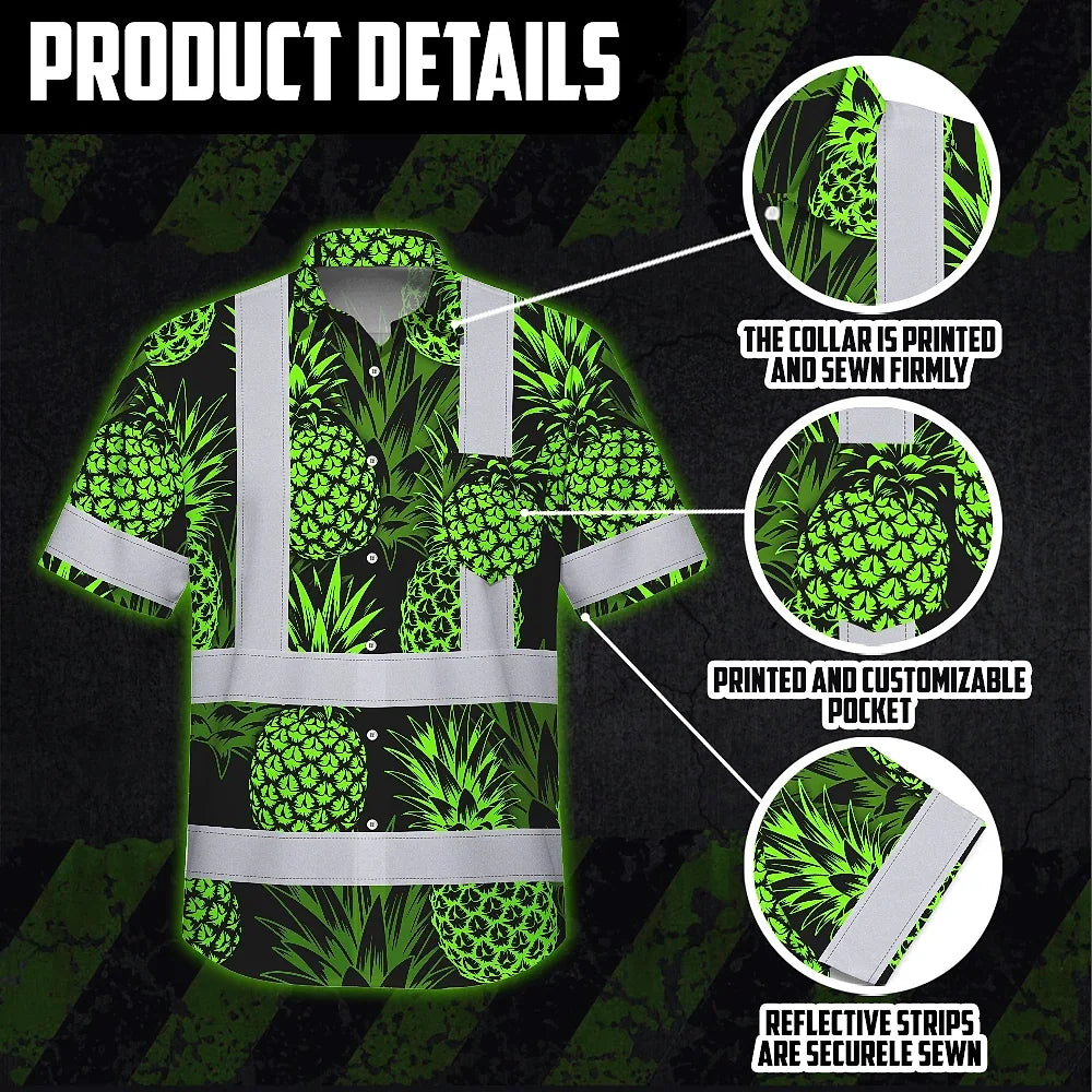 Hi Vis Hawaiian Shirt Reflective Tapes Green Neon Pineapple Custom Name Safety Workwear For Workers, Truckers, Operators