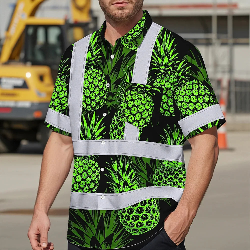 Hi Vis Hawaiian Shirt Reflective Tapes Green Neon Pineapple Custom Name Safety Workwear For Workers, Truckers, Operators