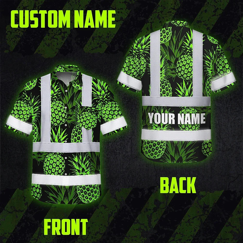 Hi Vis Hawaiian Shirt Reflective Tapes Green Neon Pineapple Custom Name Safety Workwear For Workers, Truckers, Operators