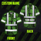 Hi Vis Hawaiian Shirt Reflective Tapes Green Neon Pineapple Custom Name Safety Workwear For Workers, Truckers, Operators
