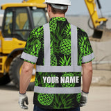 Hi Vis Hawaiian Shirt Reflective Tapes Green Neon Pineapple Custom Name Safety Workwear For Workers, Truckers, Operators
