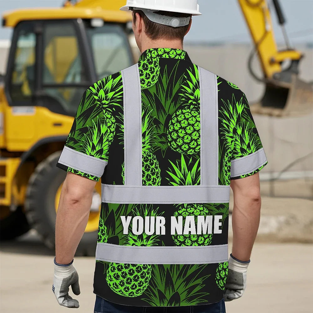 Hi Vis Hawaiian Shirt Reflective Tapes Green Neon Pineapple Custom Name Safety Workwear For Workers, Truckers, Operators