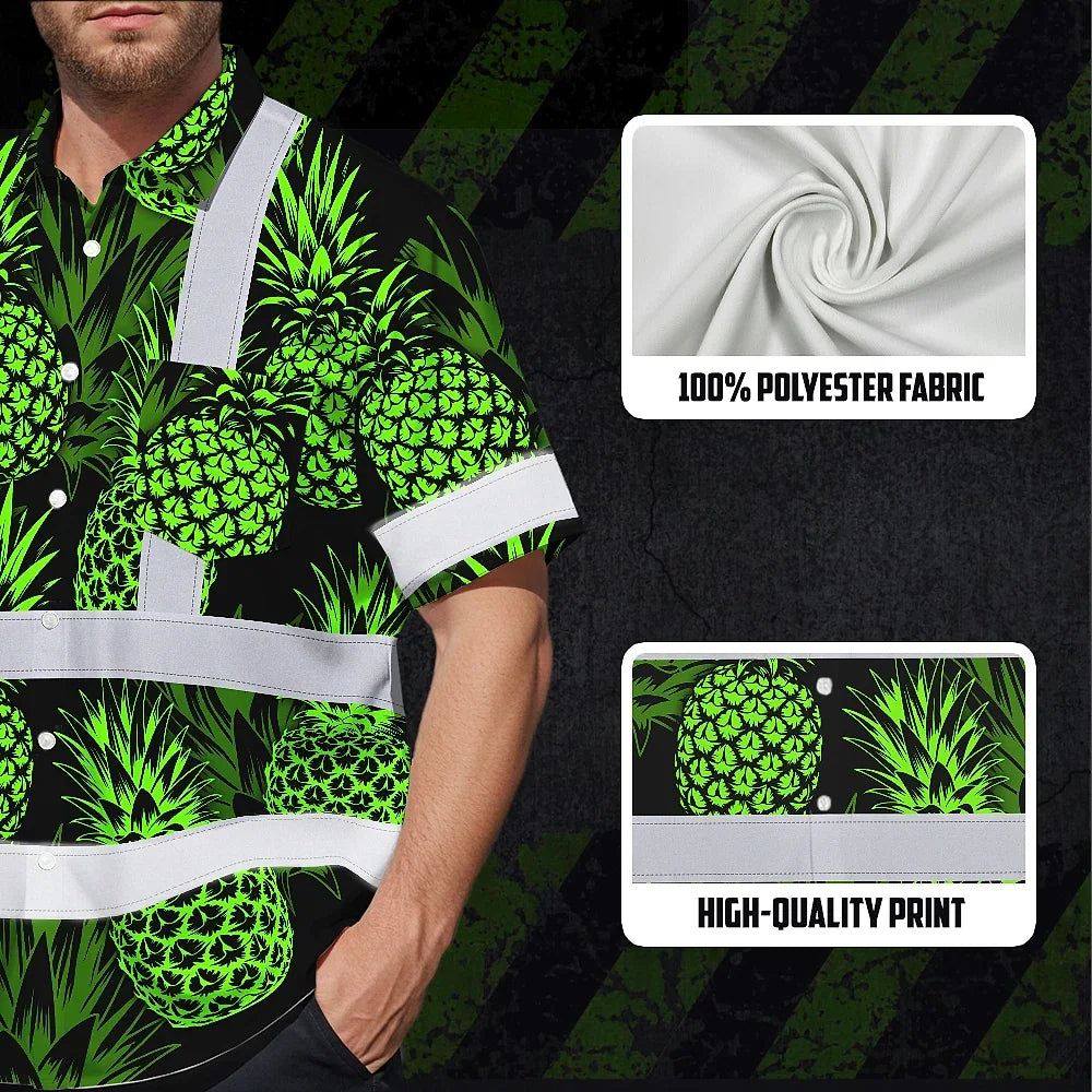 Hi Vis Hawaiian Shirt Reflective Tapes Green Neon Pineapple Custom Name Safety Workwear For Workers, Truckers, Operators