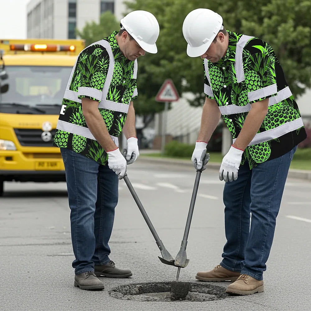 Hi Vis Hawaiian Shirt Reflective Tapes Green Neon Pineapple Custom Name Safety Workwear For Workers, Truckers, Operators
