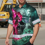 Hi Vis Hawaiian Shirt Reflective Tapes Green Neon Pink Skull Custom Name Safety Workwear For Workers, Truckers, Operators