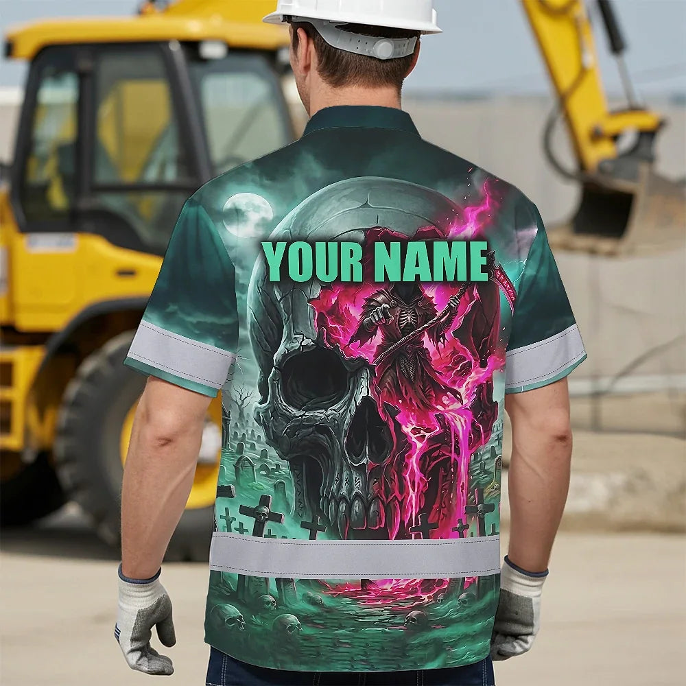 Hi Vis Hawaiian Shirt Reflective Tapes Green Neon Pink Skull Custom Name Safety Workwear For Workers, Truckers, Operators