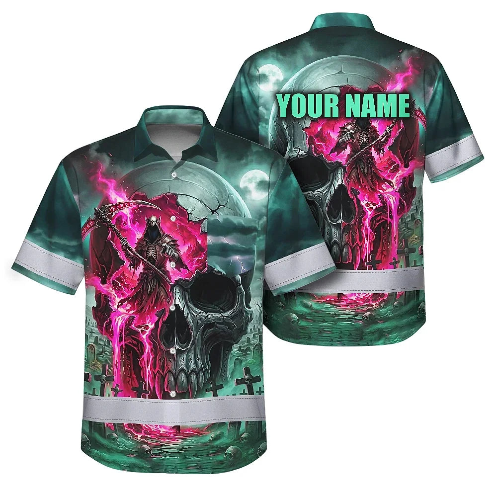 Hi Vis Hawaiian Shirt Reflective Tapes Green Neon Pink Skull Custom Name Safety Workwear For Workers, Truckers, Operators