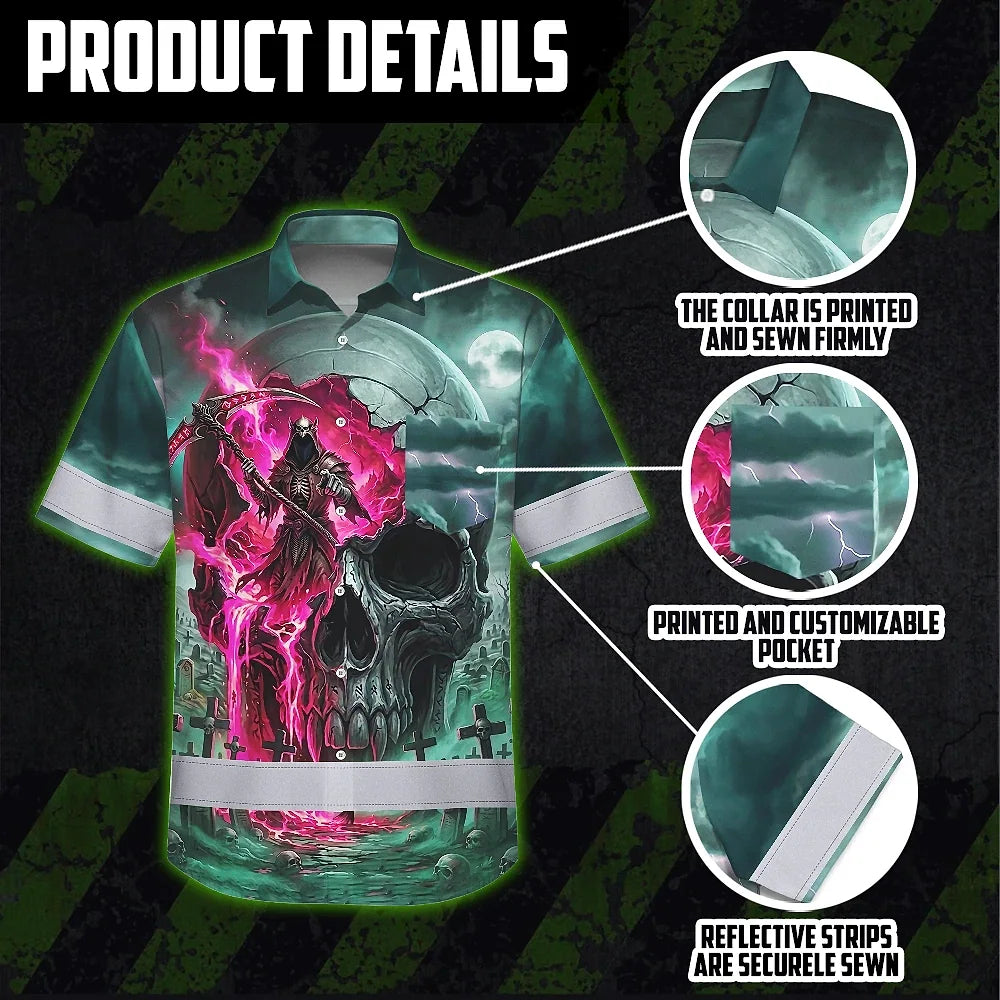 Hi Vis Hawaiian Shirt Reflective Tapes Green Neon Pink Skull Custom Name Safety Workwear For Workers, Truckers, Operators