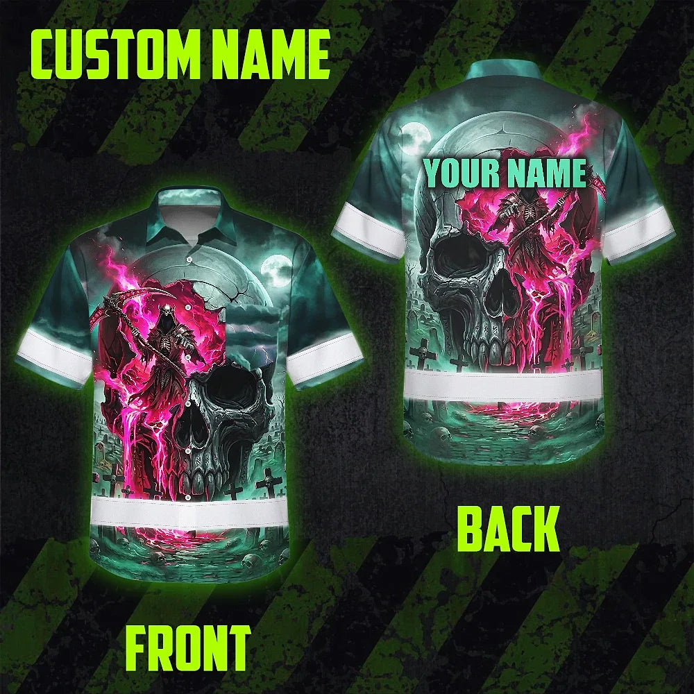 Hi Vis Hawaiian Shirt Reflective Tapes Green Neon Pink Skull Custom Name Safety Workwear For Workers, Truckers, Operators