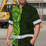 Hi Vis Hawaiian Shirt Reflective Tapes Green Neon Polynesian And Skull Custom Name Safety Workwear For Workers, Truckers, Operators