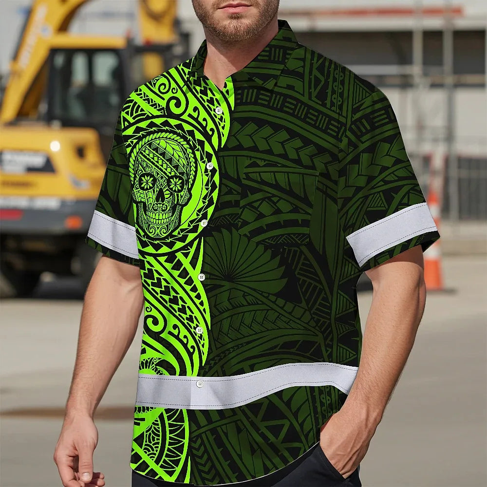 Hi Vis Hawaiian Shirt Reflective Tapes Green Neon Polynesian And Skull Custom Name Safety Workwear For Workers, Truckers, Operators