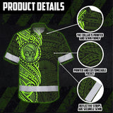 Hi Vis Hawaiian Shirt Reflective Tapes Green Neon Polynesian And Skull Custom Name Safety Workwear For Workers, Truckers, Operators