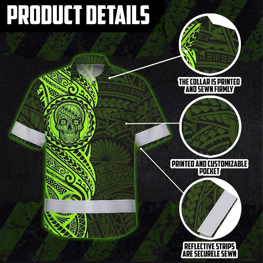 Hi Vis Hawaiian Shirt Reflective Tapes Green Neon Polynesian And Skull Custom Name Safety Workwear For Workers, Truckers, Operators