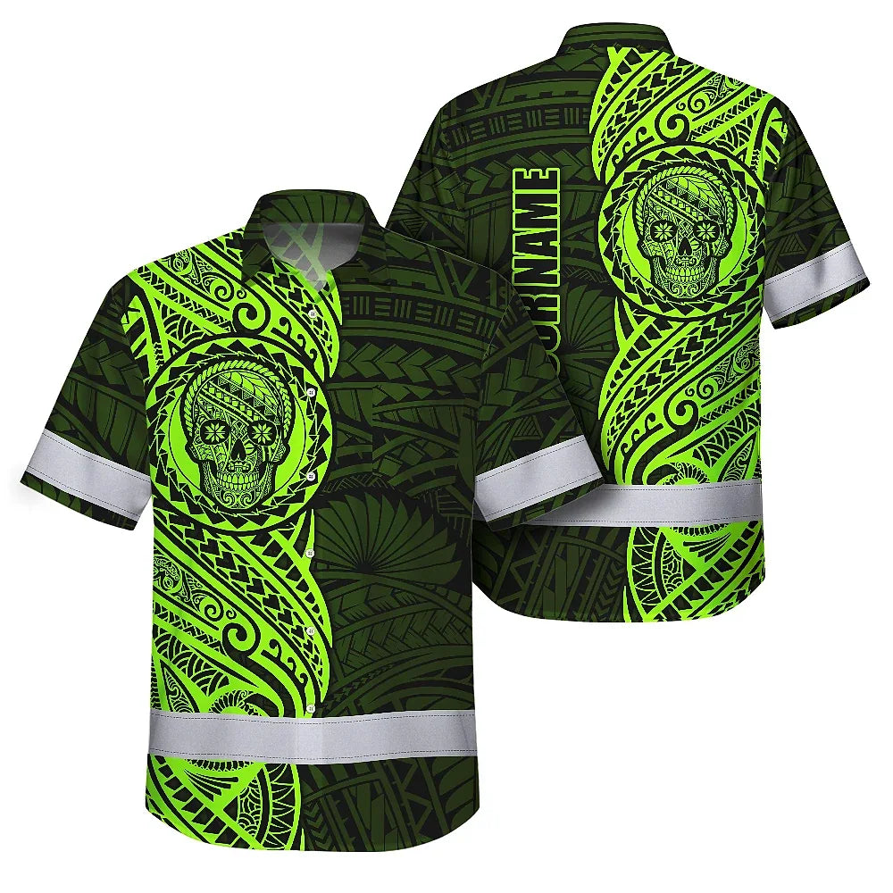 Hi Vis Hawaiian Shirt Reflective Tapes Green Neon Polynesian And Skull Custom Name Safety Workwear For Workers, Truckers, Operators
