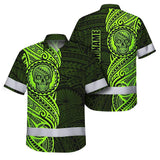 Hi Vis Hawaiian Shirt Reflective Tapes Green Neon Polynesian And Skull Custom Name Safety Workwear For Workers, Truckers, Operators